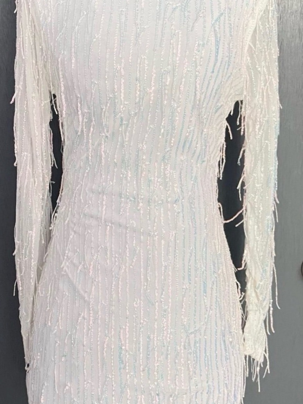 B Darlin White Long-Sleeve Fringe Sequin Bodycon Dress